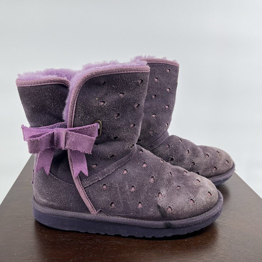 Ugg Australia Girls Joleigh Boots Size 3 Purple Bows Heart Pattern Winter Short
